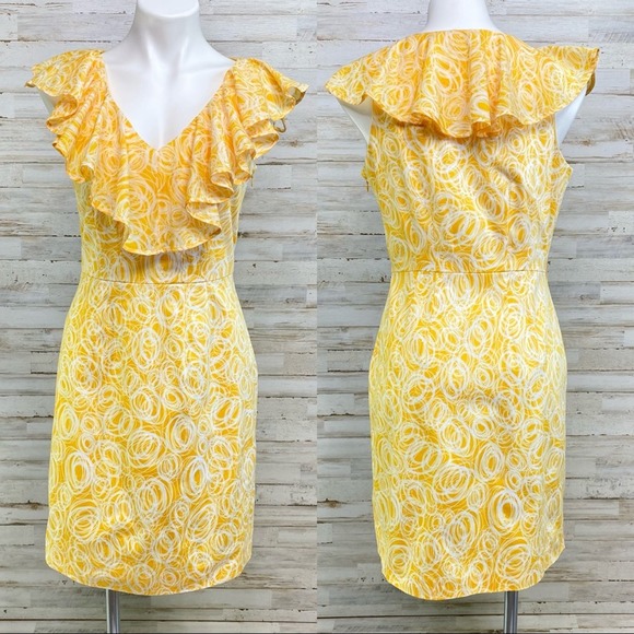 Cynthia Steffe Dresses & Skirts - Cynthia Steffe Cotton Silk Sheath Dress Womens Size 8 Yellow Ruffle Sleeveless